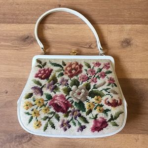 Vintage Leather & Floral Needlepoint Purse 1960’s